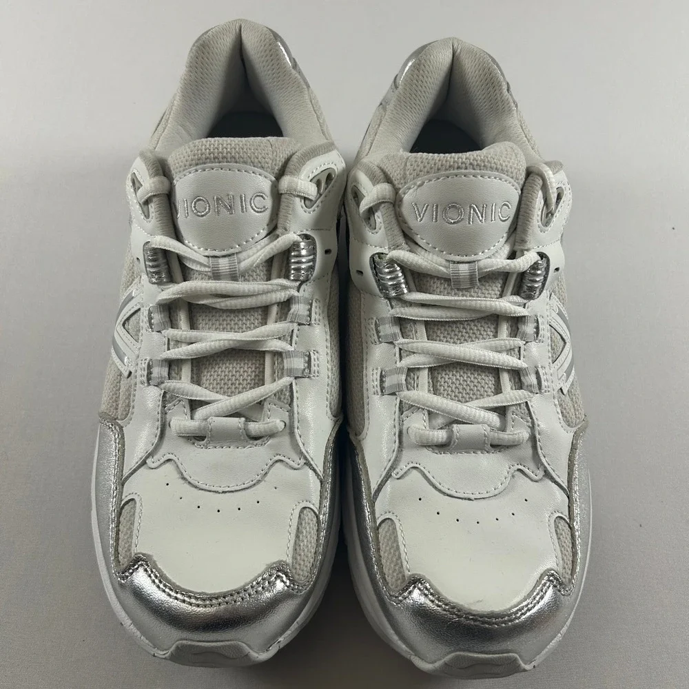 Vionic 23WALK 2.0 Shoes Womens 8.5 Wide White‎ Silver Leather Walking Sneakers
